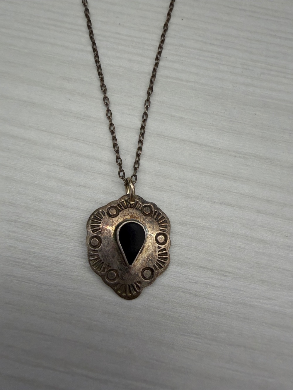 Sterling Silver Antique-Style Teardrop Pendant Necklace in Black and Gold Tone